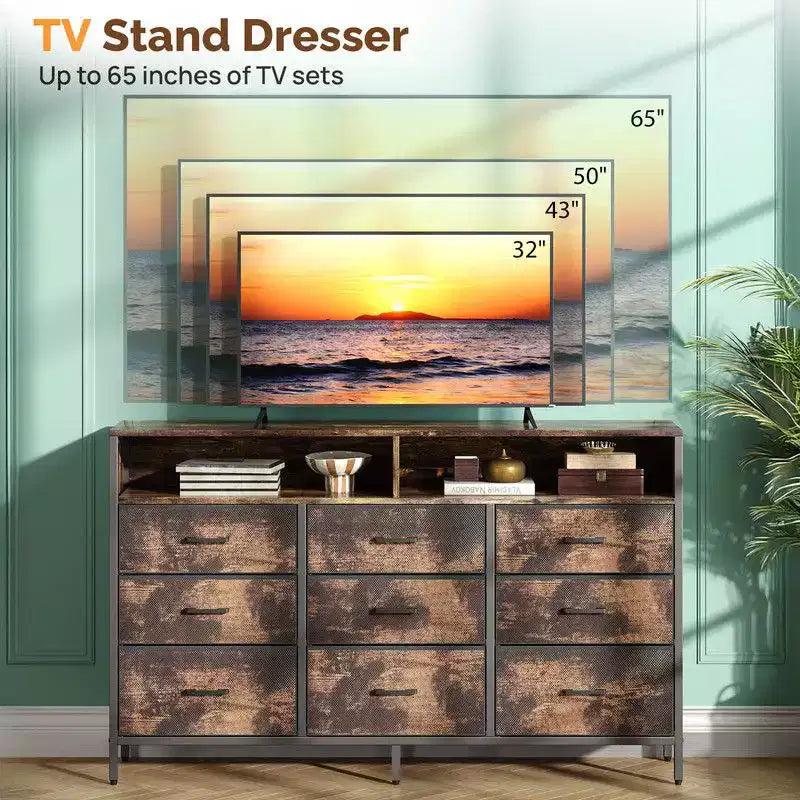 Armoire de rangement moderne à 9 tiroirs en tissu non tissé de 55", structure en acier