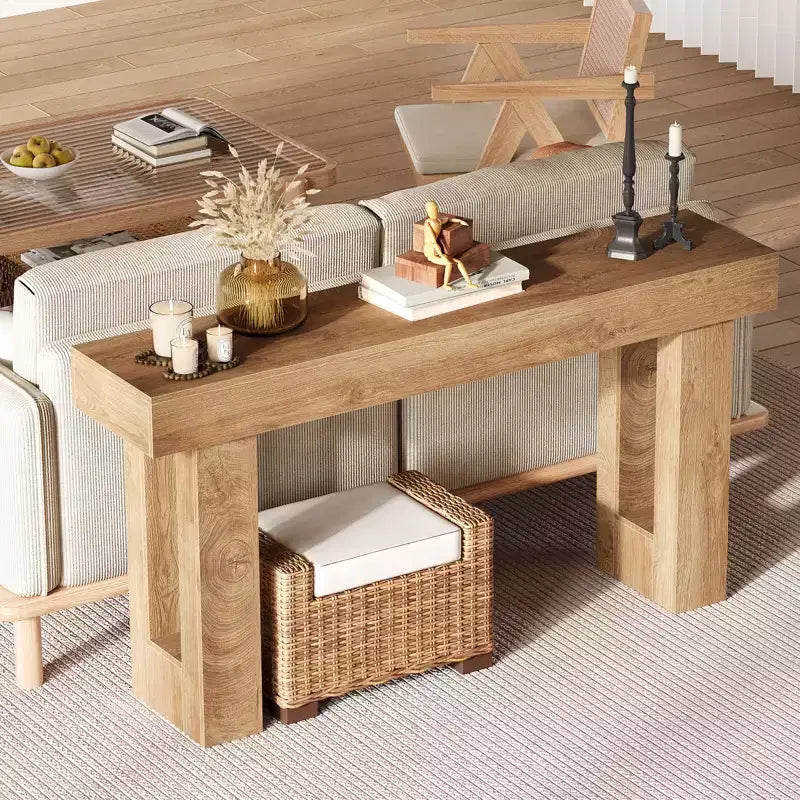Table console étroite et longue en bois de 63 pouces derrière le canapé, console d'entrée de style ferme pour salon, chambre, couloir, assemblage facile, bois naturel