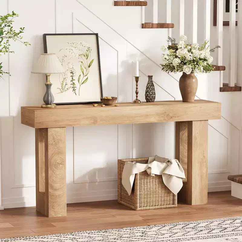 Table console étroite et longue en bois de 63 pouces derrière le canapé, console d'entrée de style ferme pour salon, chambre, couloir, assemblage facile, bois naturel