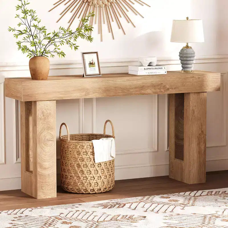 Table console étroite et longue en bois de 63 pouces derrière le canapé, console d'entrée de style ferme pour salon, chambre, couloir, assemblage facile, bois naturel