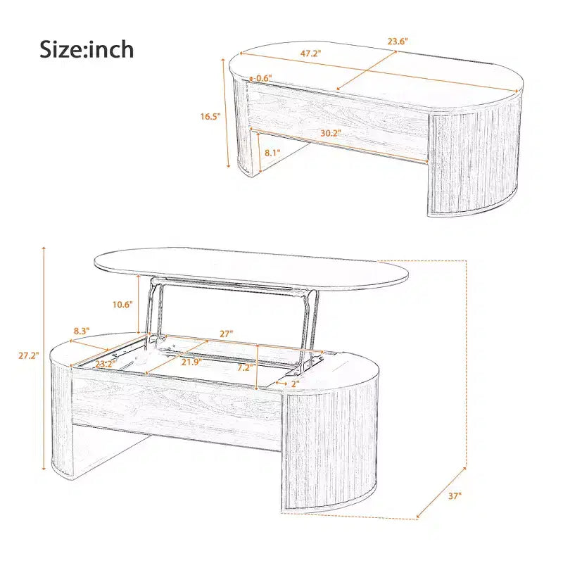 Table basse à plateau relevable de 120 cm avec compartiment caché, ovale, marron