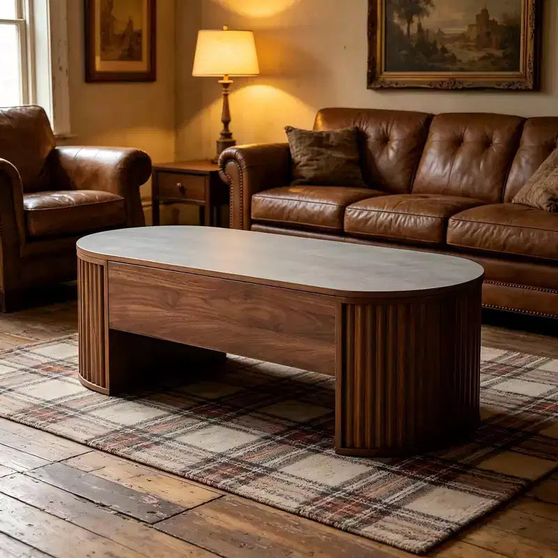 Table basse à plateau relevable de 120 cm avec compartiment caché, ovale, marron