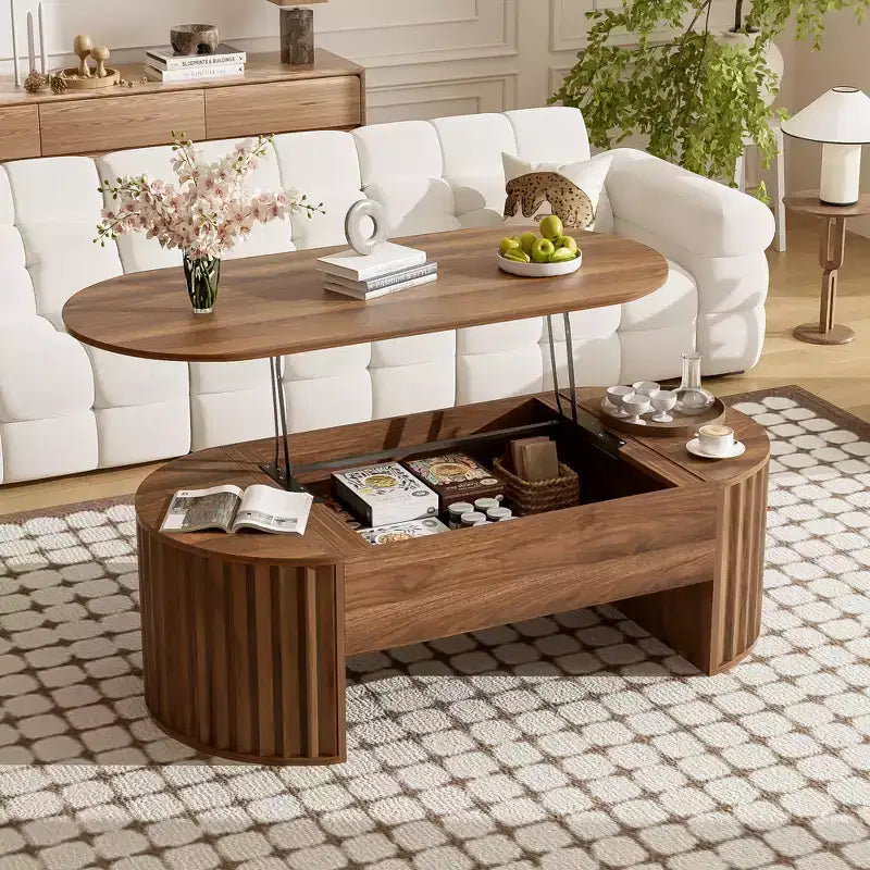 Table basse à plateau relevable de 120 cm avec compartiment caché, ovale, marron