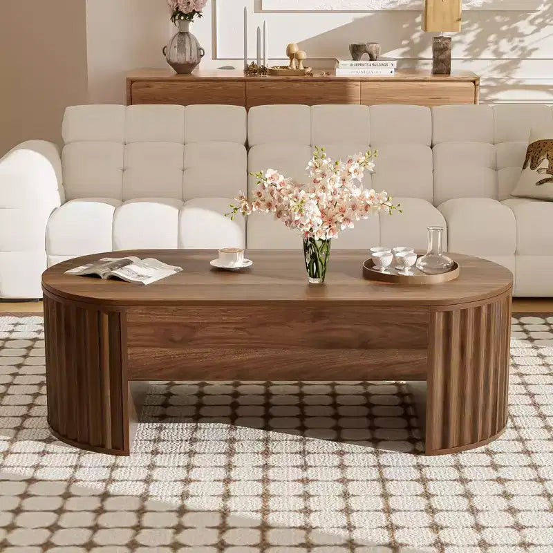 Table basse à plateau relevable de 120 cm avec compartiment caché, ovale, marron