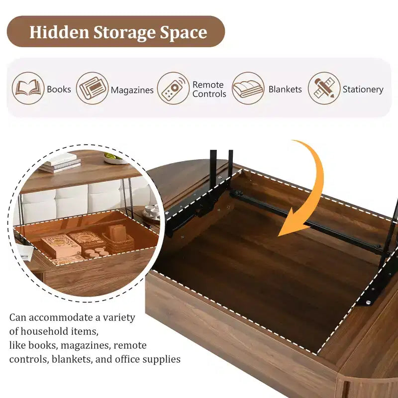 Table basse à plateau relevable de 120 cm avec compartiment caché, ovale, marron