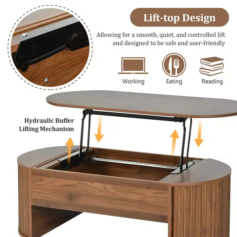 Table basse à plateau relevable de 120 cm avec compartiment caché, ovale, marron