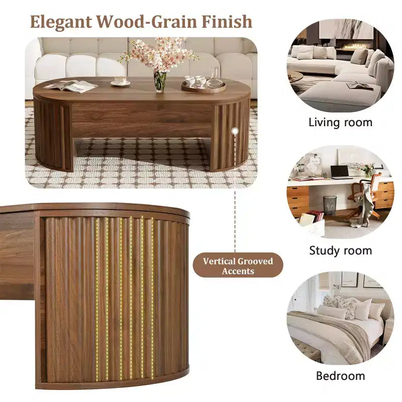 Table basse à plateau relevable de 120 cm avec compartiment caché, ovale, marron