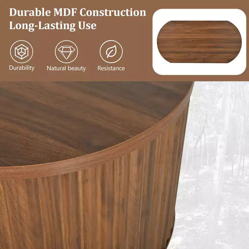 Table basse à plateau relevable de 120 cm avec compartiment caché, ovale, marron