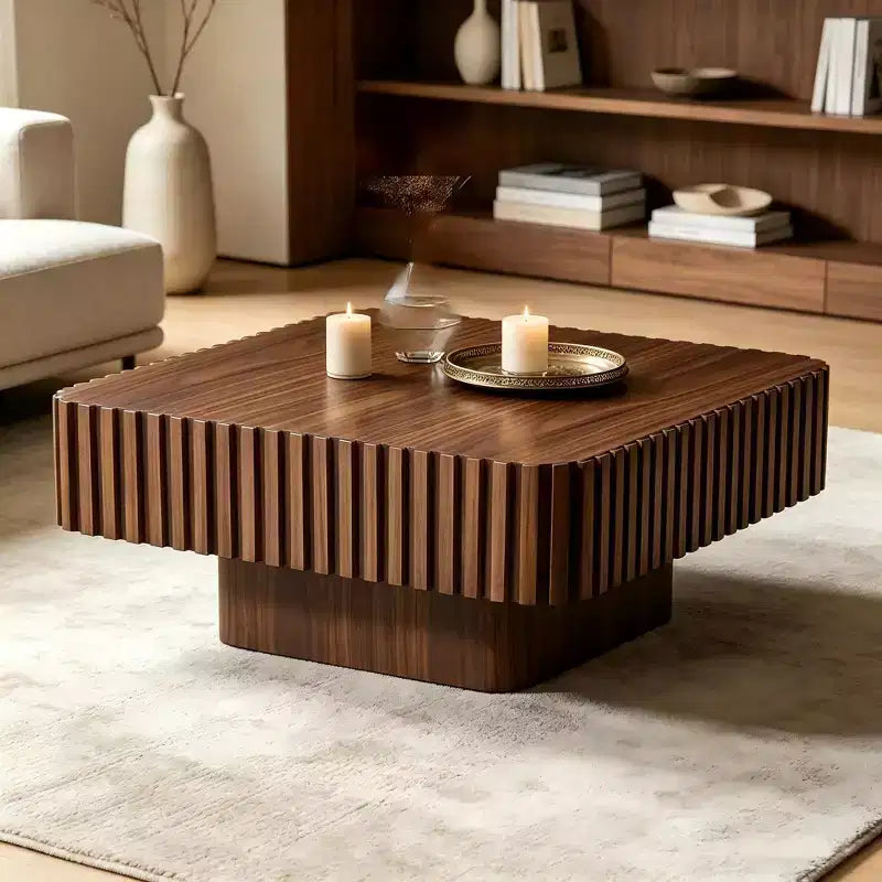Table basse carrée à fût artisanal moderne 31,5 po, piédestal en MDF noyer