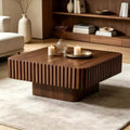 Table basse carrée à fût artisanal moderne 31,5 po, piédestal en MDF noyer