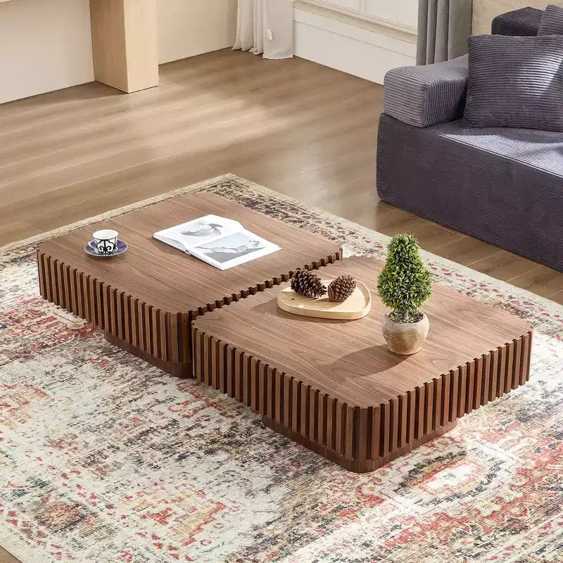 Table basse carrée à fût artisanal moderne 31,5 po, piédestal en MDF noyer