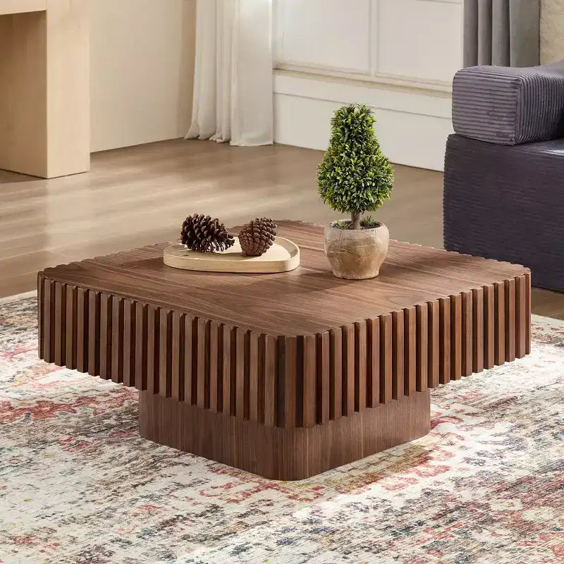 Table basse carrée à fût artisanal moderne 31,5 po, piédestal en MDF noyer