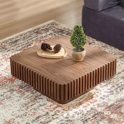 Table basse carrée à fût artisanal moderne 31,5 po, piédestal en MDF noyer