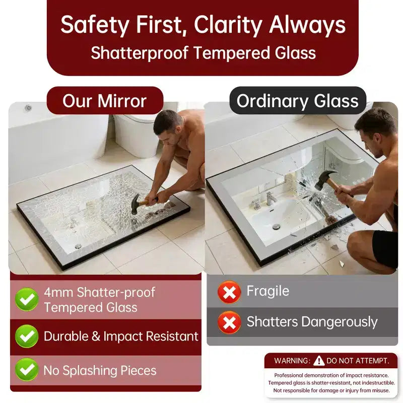 Miroir de courtoisie LED de salle de bain 20x28, anti-buée, intensité variable, 3 couleurs, verre trempé, cadre noir