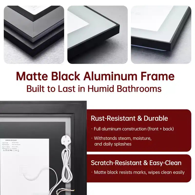 Miroir de courtoisie LED de salle de bain 20x28, anti-buée, intensité variable, 3 couleurs, verre trempé, cadre noir