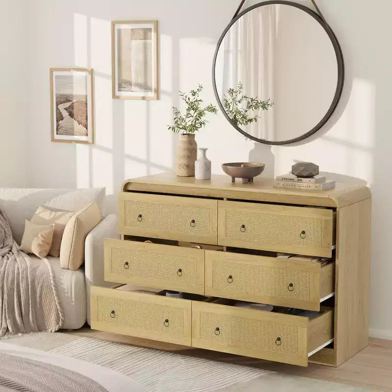 Commode 6 tiroirs style tissé pour chambre à coucher, grand meuble de rangement avec façades texturées