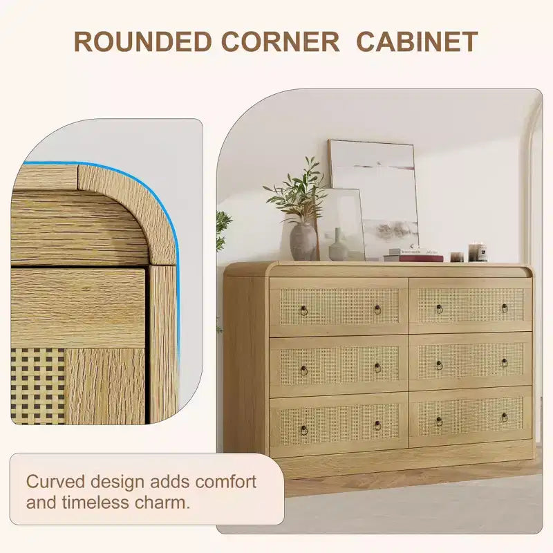 Commode 6 tiroirs style tissé pour chambre à coucher, grand meuble de rangement avec façades texturées