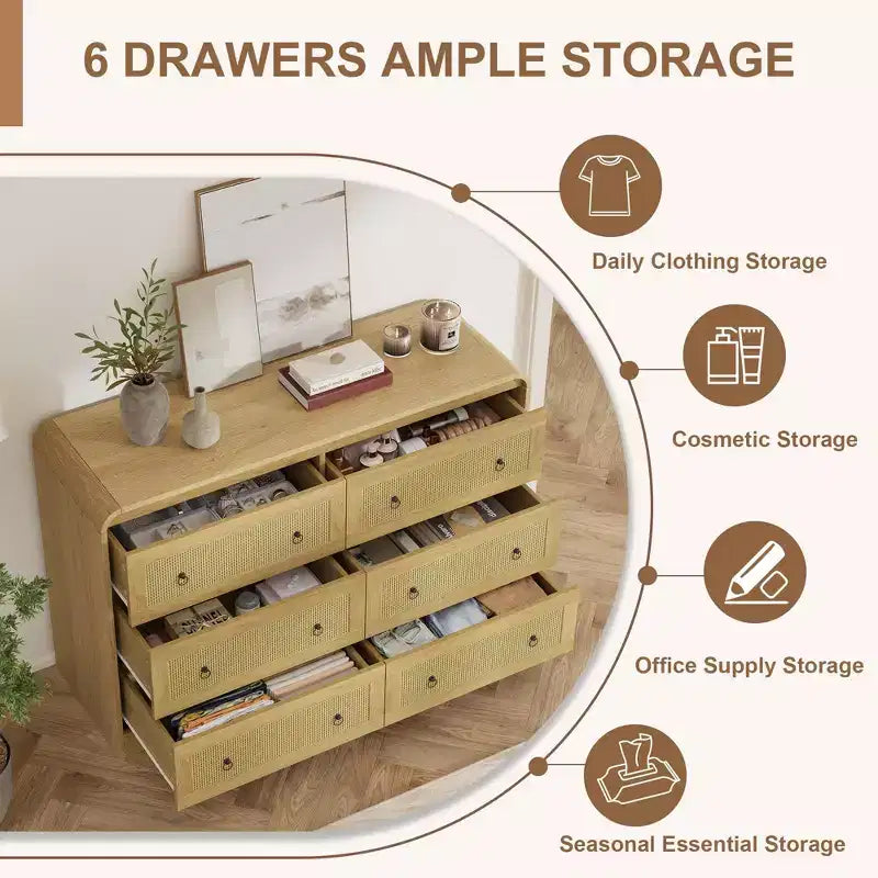Commode 6 tiroirs style tissé pour chambre à coucher, grand meuble de rangement avec façades texturées