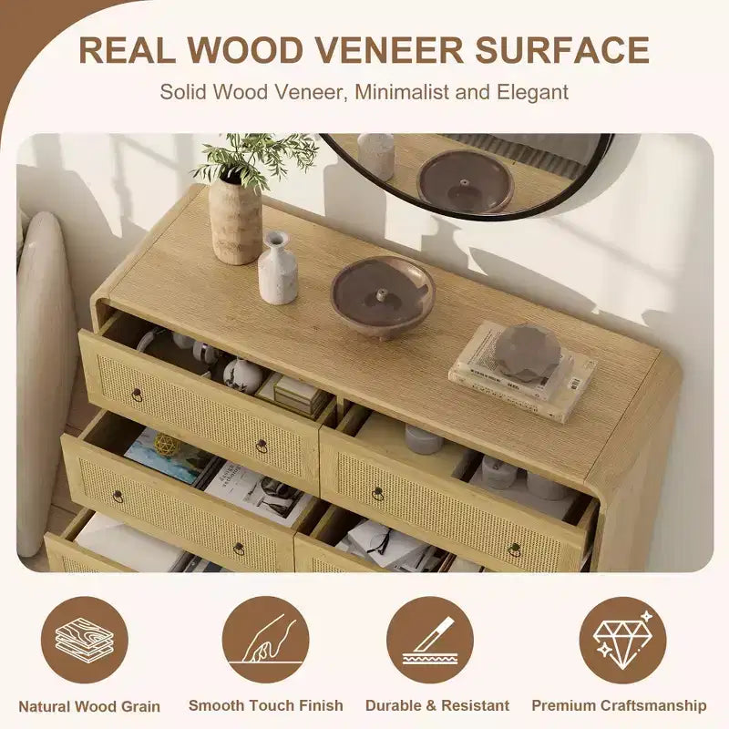 Commode 6 tiroirs style tissé pour chambre à coucher, grand meuble de rangement avec façades texturées