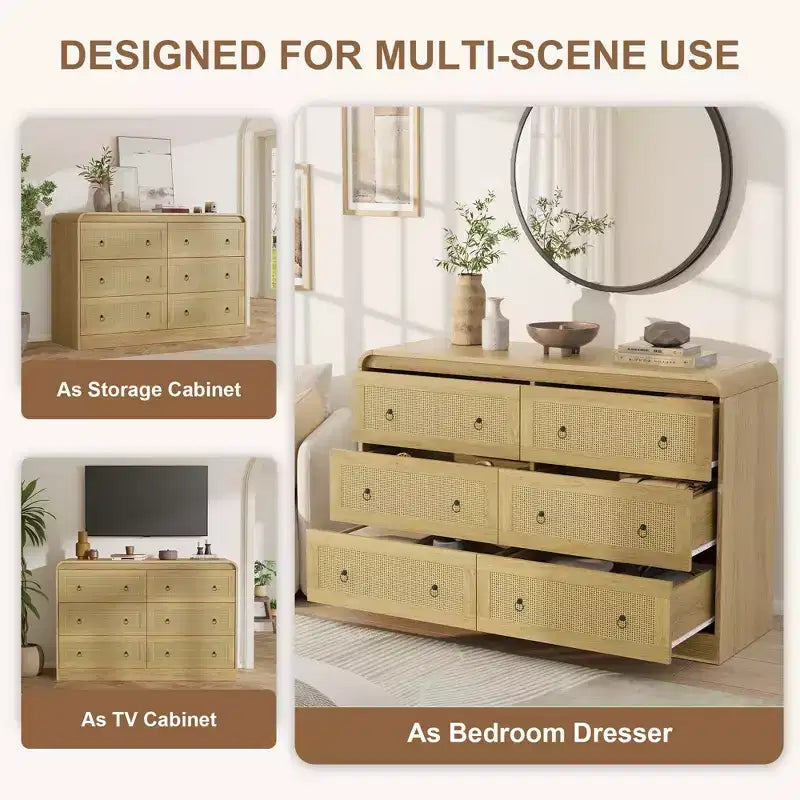 Commode 6 tiroirs style tissé pour chambre à coucher, grand meuble de rangement avec façades texturées
