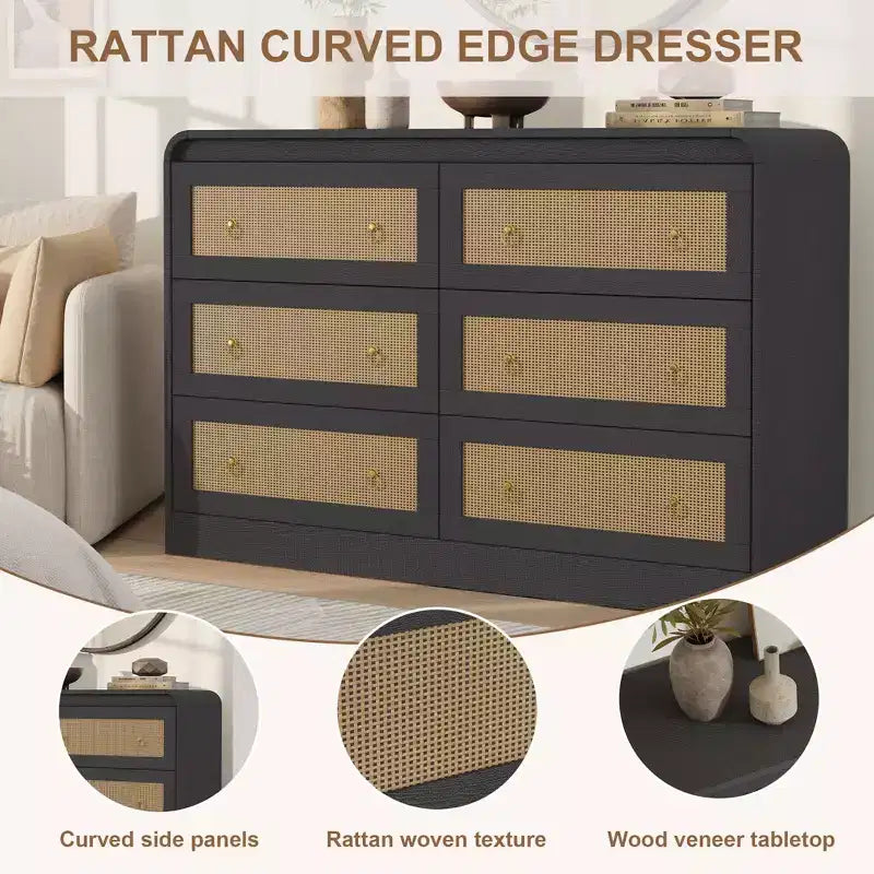 Commode 6 tiroirs style tissé pour chambre à coucher, grand meuble de rangement avec façades texturées
