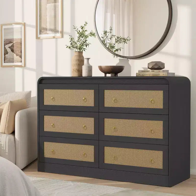 Commode 6 tiroirs style tissé pour chambre à coucher, grand meuble de rangement avec façades texturées