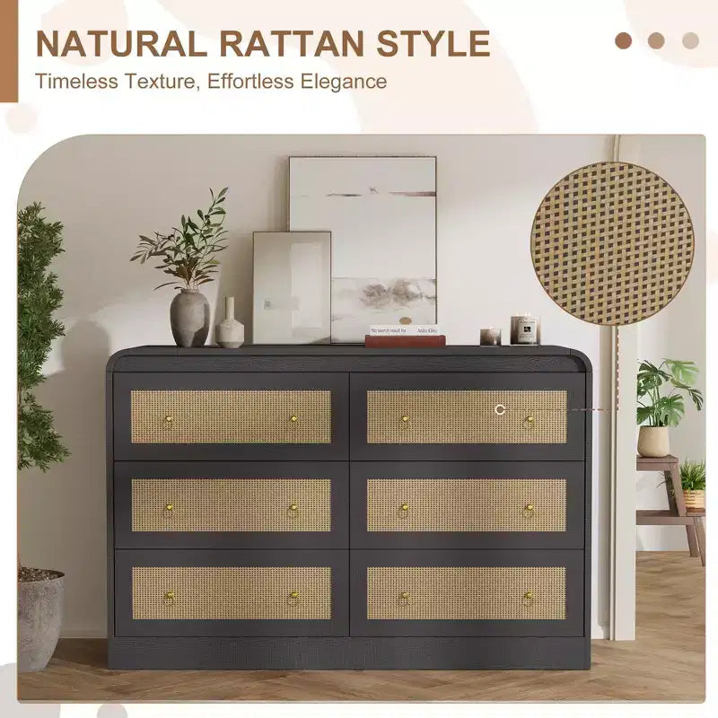 Commode 6 tiroirs style tissé pour chambre à coucher, grand meuble de rangement avec façades texturées