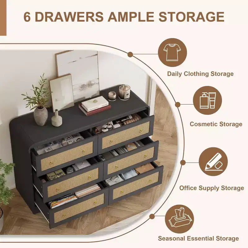 Commode 6 tiroirs style tissé pour chambre à coucher, grand meuble de rangement avec façades texturées