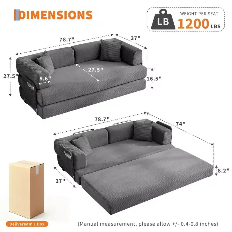 Canapé futon moderne en velours côtelé de 79 po pour petits espaces, canapé-lit convertible 5 en 1 avec accoudoirs et oreillers amovibles