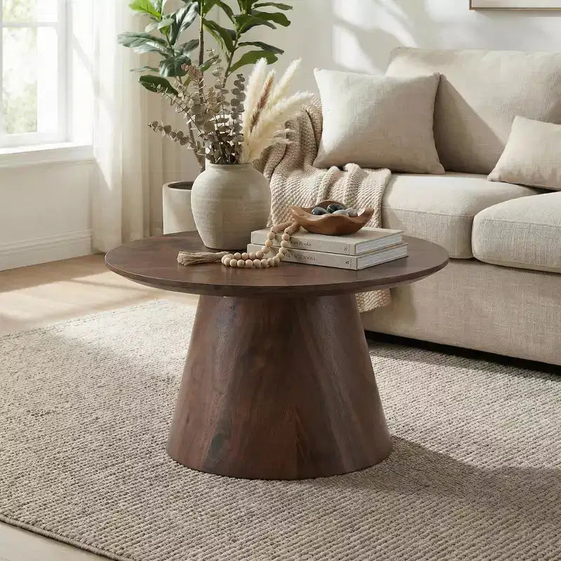 Table basse ronde en MDF, placage noyer, 60 cm de diamètre, 35 cm de hauteur