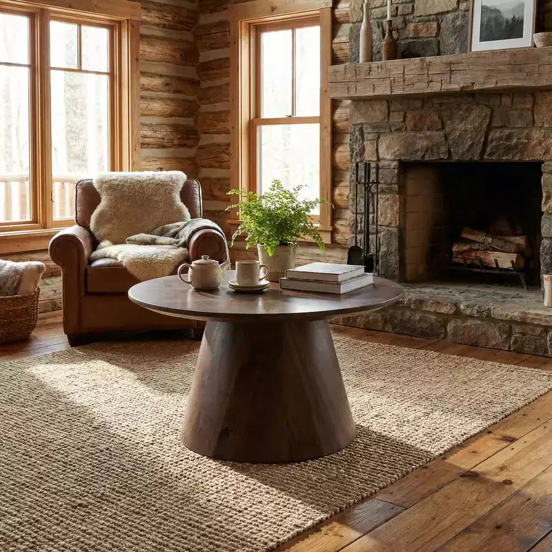 Table basse ronde en MDF, placage noyer, 60 cm de diamètre, 35 cm de hauteur