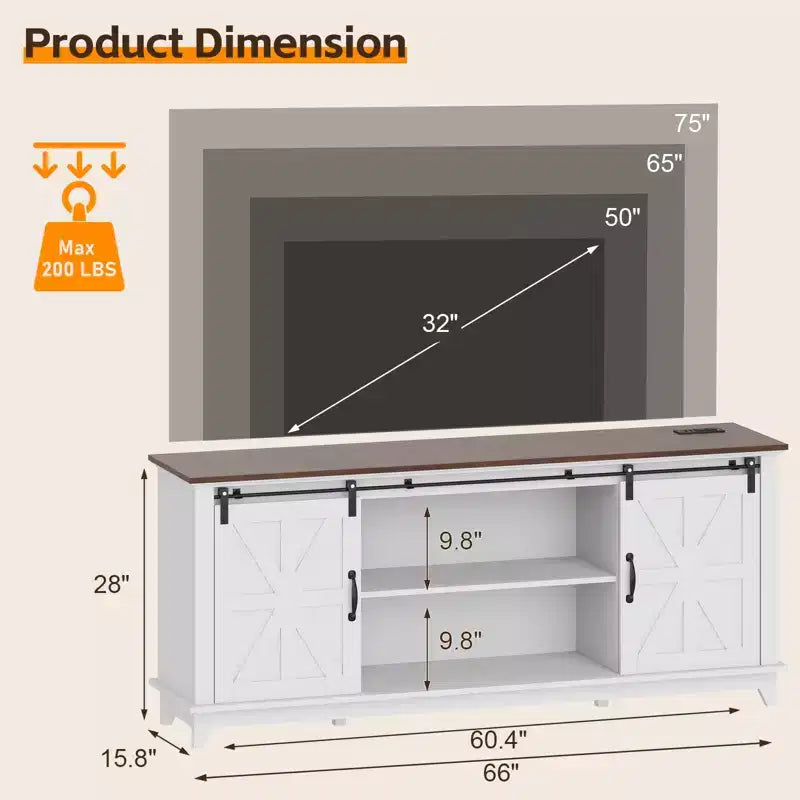 Meuble TV de ferme moderne pour téléviseur de 75 pouces - Console de divertissement avec portes coulissantes de grange - Meubles de rangement pour salon - 66 pouces