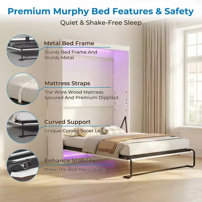 Lit escamotable avec lumières LED RVB, lit mural peu encombrant, matelas non inclus