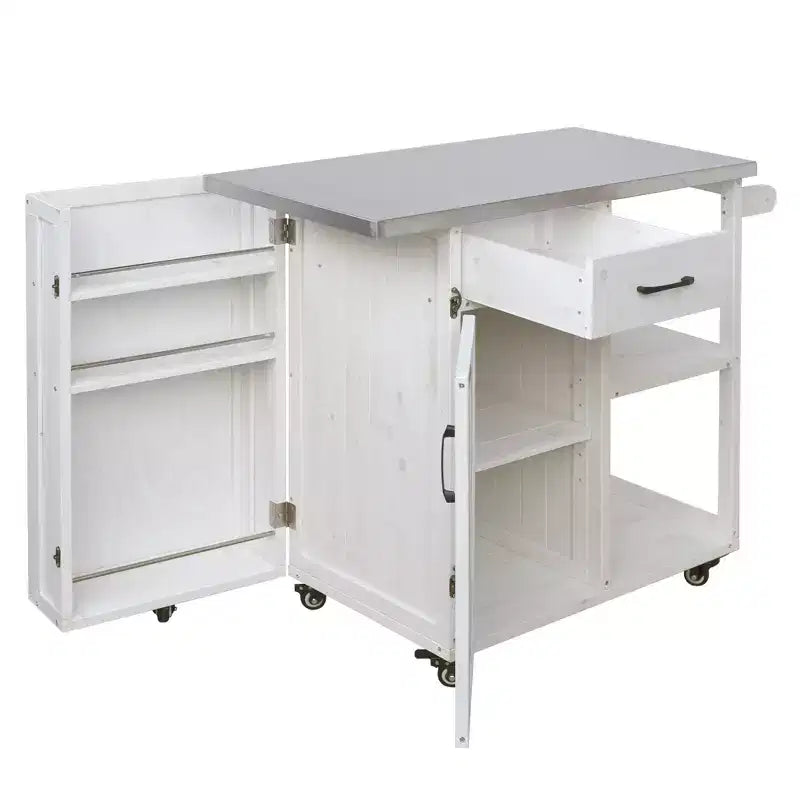 Chariot d'îlot de cuisine d'extérieur avec plateau en acier inoxydable, bois de sapin, armoire de rangement, tiroir, étagères, roulettes verrouillables, blanc