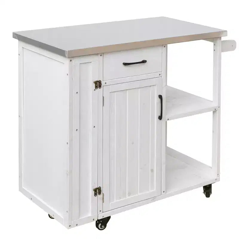 Chariot d'îlot de cuisine d'extérieur avec plateau en acier inoxydable, bois de sapin, armoire de rangement, tiroir, étagères, roulettes verrouillables, blanc