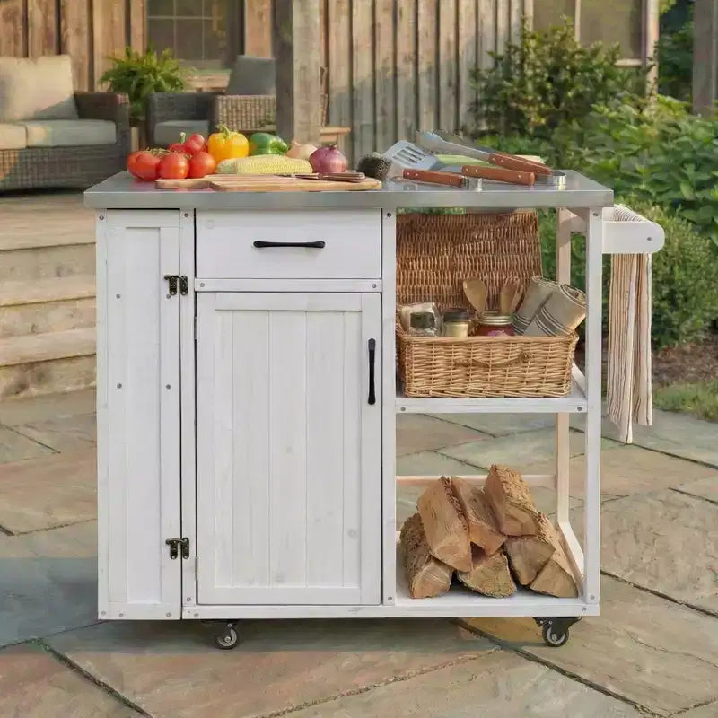Chariot d'îlot de cuisine d'extérieur avec plateau en acier inoxydable, bois de sapin, armoire de rangement, tiroir, étagères, roulettes verrouillables, blanc