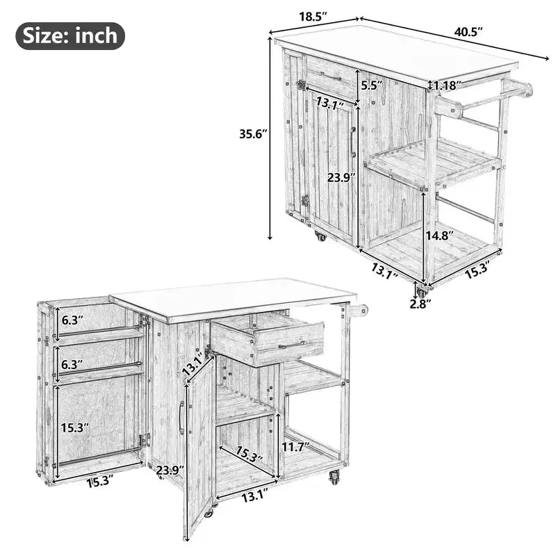 Chariot d'îlot de cuisine d'extérieur avec plateau en acier inoxydable, bois de sapin, armoire de rangement, tiroir, étagères, roulettes verrouillables, blanc