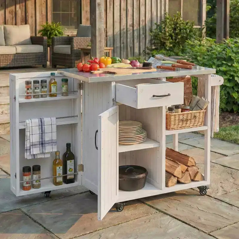 Chariot d'îlot de cuisine d'extérieur avec plateau en acier inoxydable, bois de sapin, armoire de rangement, tiroir, étagères, roulettes verrouillables, blanc