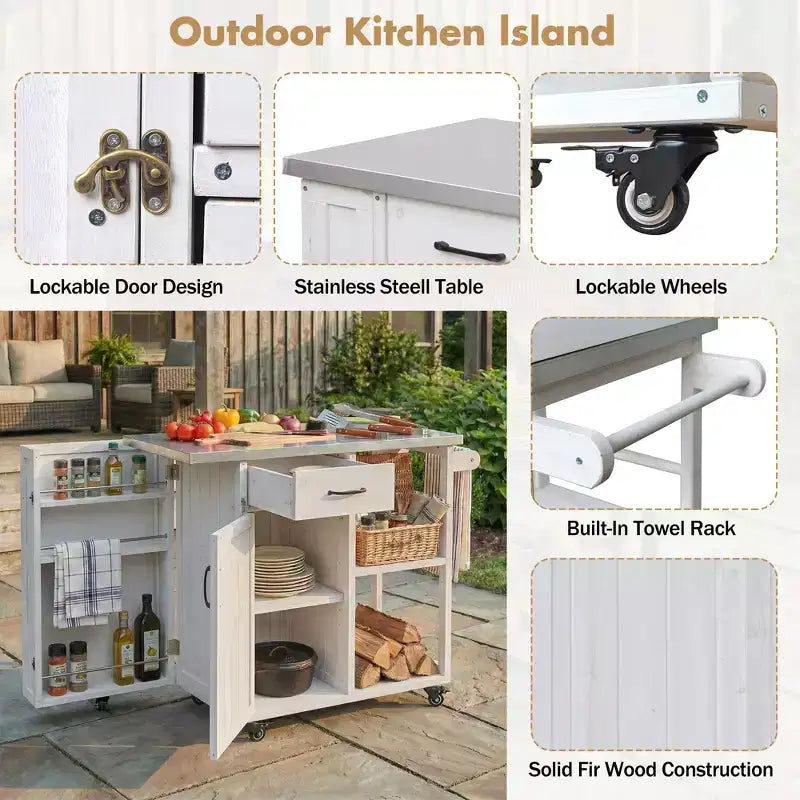Chariot d'îlot de cuisine d'extérieur avec plateau en acier inoxydable, bois de sapin, armoire de rangement, tiroir, étagères, roulettes verrouillables, blanc