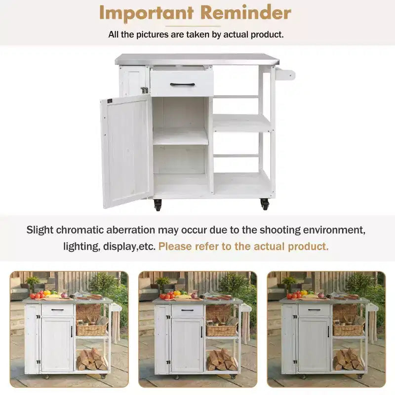 Chariot d'îlot de cuisine d'extérieur avec plateau en acier inoxydable, bois de sapin, armoire de rangement, tiroir, étagères, roulettes verrouillables, blanc