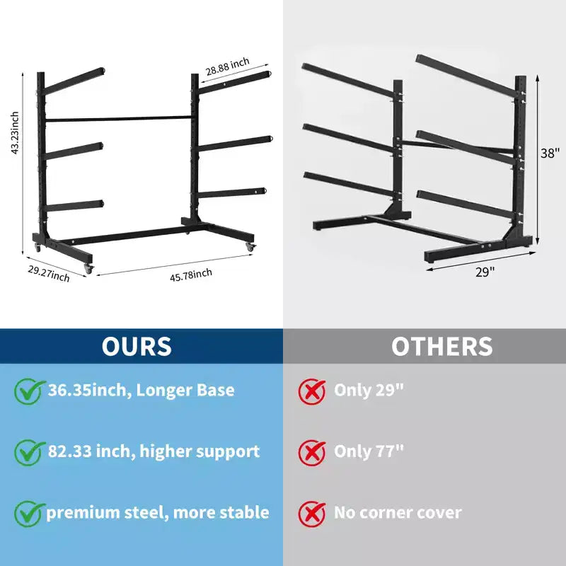 Support de rangement autoportant pour kayak avec roues, supports de kayak réglables pour garage et extérieur, supports de kayak pour canoës, kayaks, SUP et planches de surf