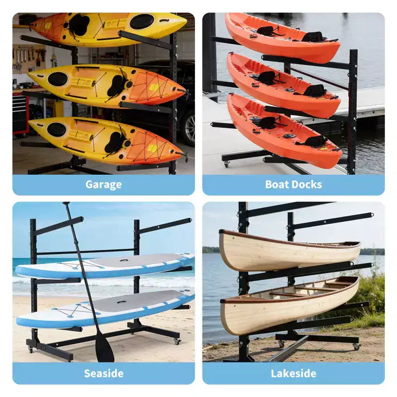 Support de rangement autoportant pour kayak avec roues, supports de kayak réglables pour garage et extérieur, supports de kayak pour canoës, kayaks, SUP et planches de surf