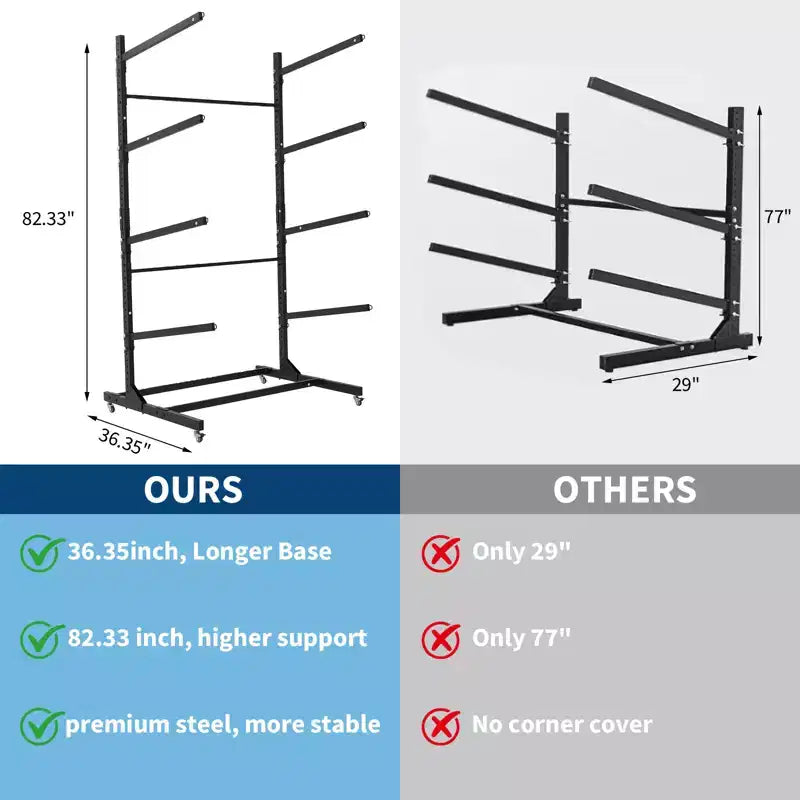 Support de rangement autoportant pour kayak avec roues, supports de kayak réglables pour garage et extérieur, supports de kayak pour canoës, kayaks, SUP et planches de surf