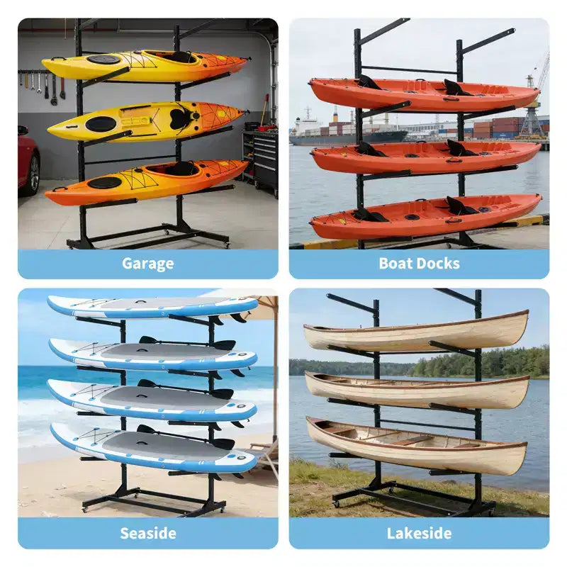 Support de rangement autoportant pour kayak avec roues, supports de kayak réglables pour garage et extérieur, supports de kayak pour canoës, kayaks, SUP et planches de surf