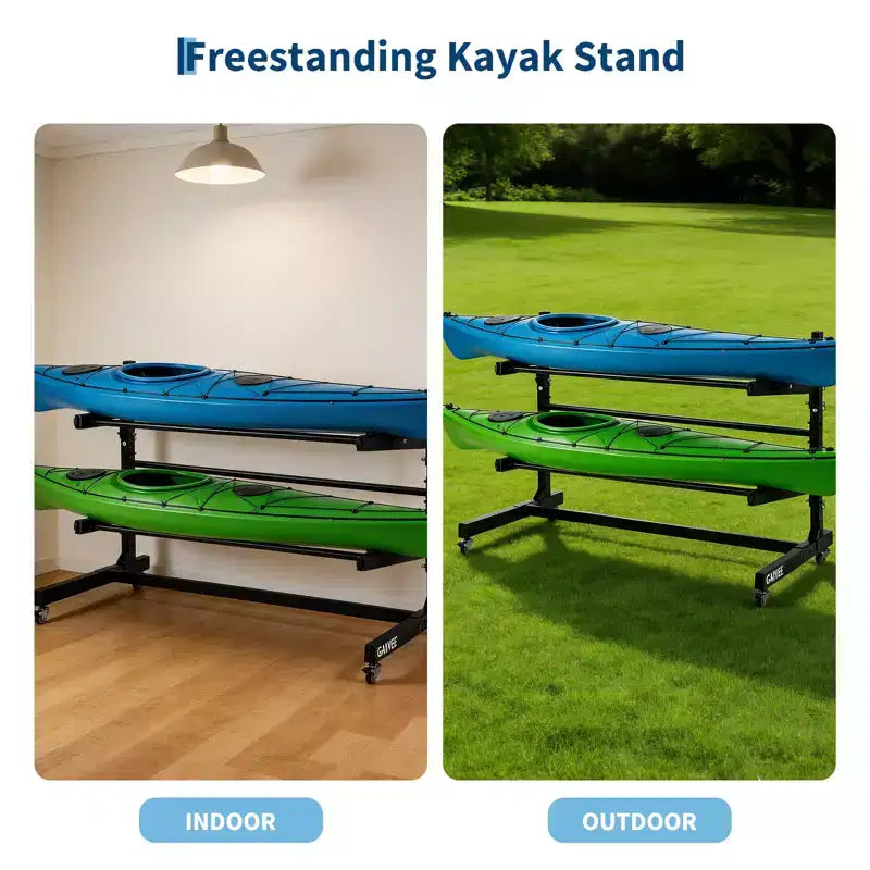 Support de rangement autoportant pour kayak avec roues, supports de kayak réglables pour garage et extérieur, supports de kayak pour canoës, kayaks, SUP et planches de surf