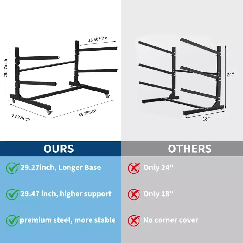 Support de rangement autoportant pour kayak avec roues, supports de kayak réglables pour garage et extérieur, supports de kayak pour canoës, kayaks, SUP et planches de surf