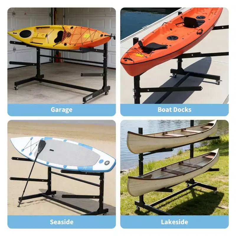 Support de rangement autoportant pour kayak avec roues, supports de kayak réglables pour garage et extérieur, supports de kayak pour canoës, kayaks, SUP et planches de surf
