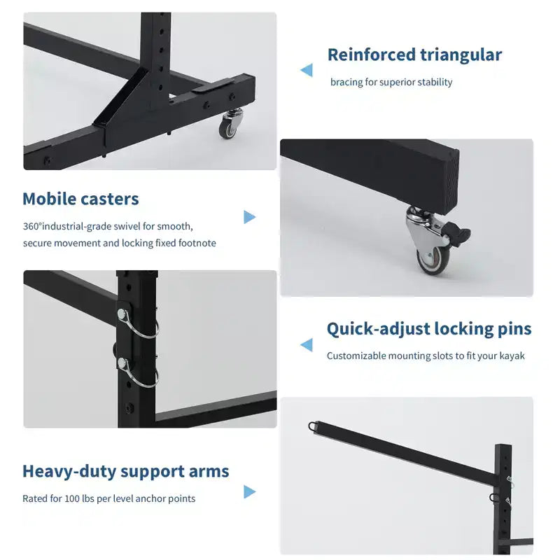Support de rangement autoportant pour kayak avec roues, supports de kayak réglables pour garage et extérieur, supports de kayak pour canoës, kayaks, SUP et planches de surf