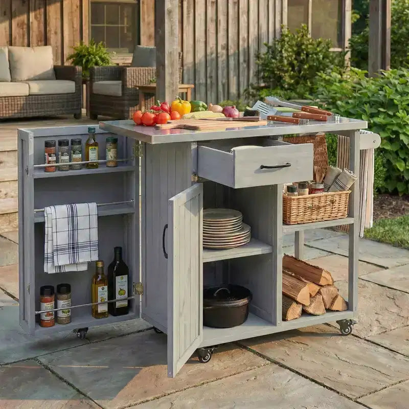 Îlot de cuisine extérieure en bois de sapin avec plan de travail en acier inoxydable