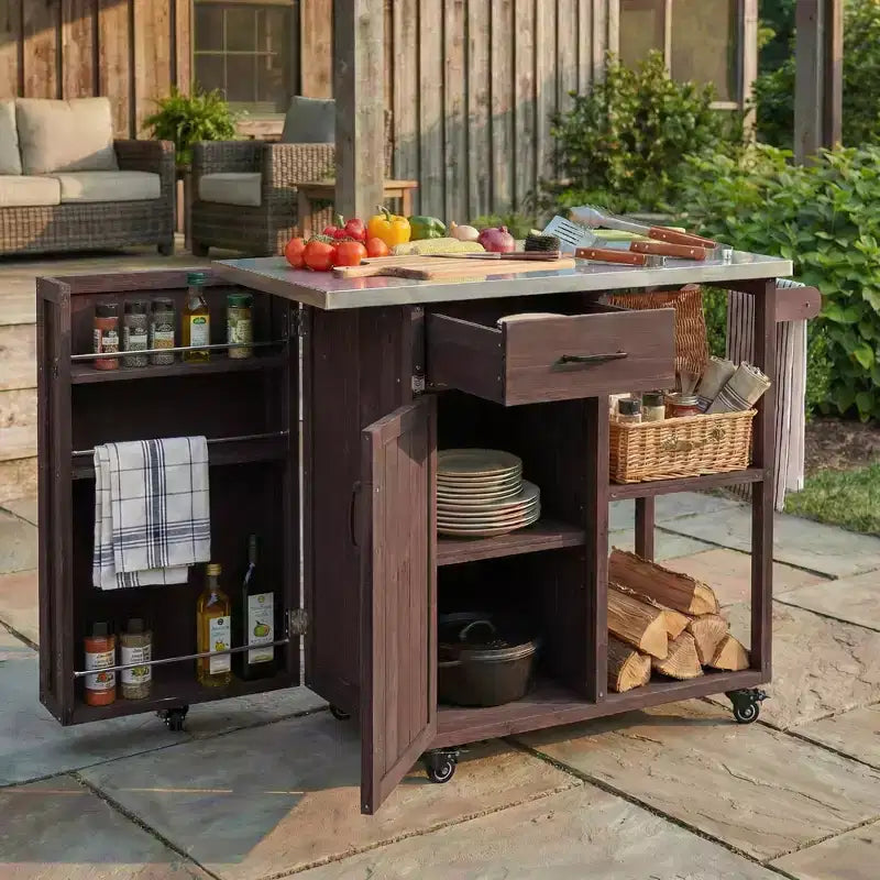 Îlot de cuisine extérieure en bois de sapin avec plan de travail en acier inoxydable